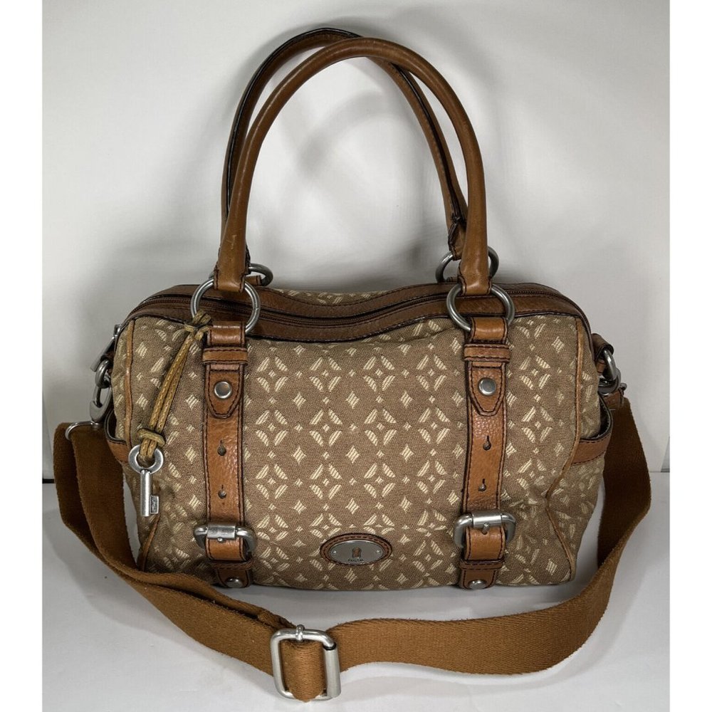 Fossil Brown Patterned Fabric and Leather Satchel Shoulder Bag